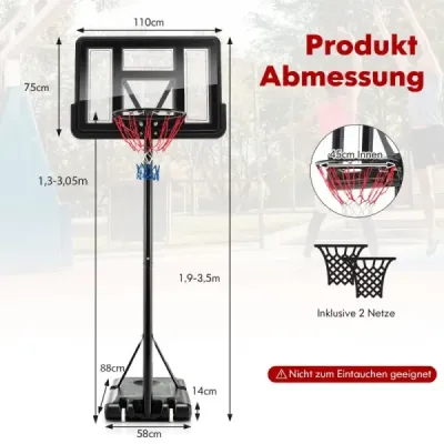 130 cm - 305 cm Výškovo nastaviteľný basketbalový kôš Stojan na kôš odolný voči poveternostným vplyvom Čierny