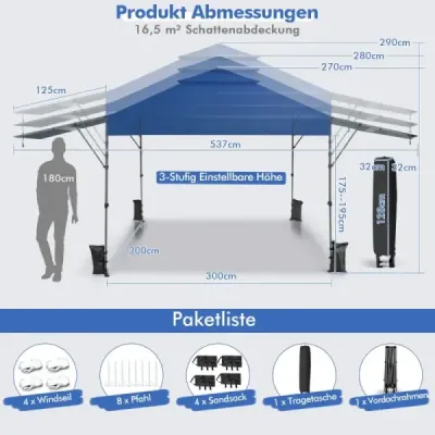 Stan na ochranu pred slnkom Pop-up stan s baldachýnom 300 x 537 x 270-290 cm Modrá