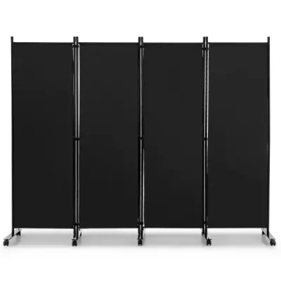 Room Divider so 4 panelmi na kolieskach 173 cm vysoká rolovacia zástena na ochranu súkromia čierna