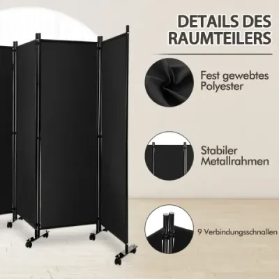 Room Divider so 4 panelmi na kolieskach 173 cm vysoká rolovacia zástena na ochranu súkromia čierna