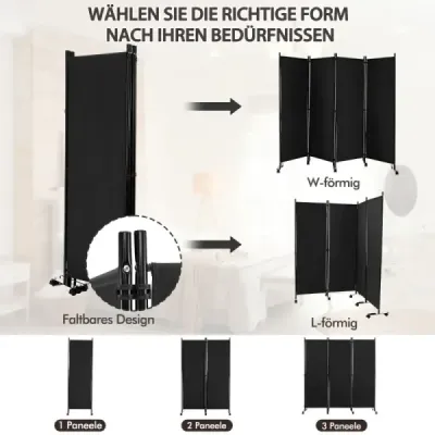 Room Divider so 4 panelmi na kolieskach 173 cm vysoká rolovacia zástena na ochranu súkromia čierna