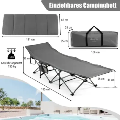 Kempingová posteľ Skladacia kempingová posteľ s matracom 185 cm x 65 cm x 41-53 cm Sivá
