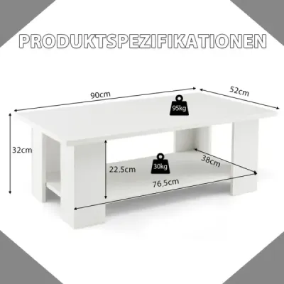 2 poschodový konferenčný stolík z dreva, príručný stolík, nosnosť do 125 kg, 90 x 52 x 32 cm, biela