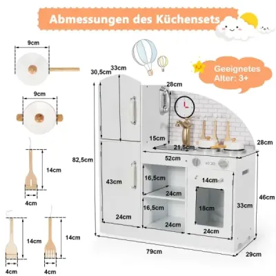 Detská kuchynka z dreva s náčiním, kohútikom a umývadlom, telefónom a skrinkami 78 x 29 x 83 cm biela