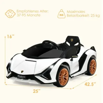 12V Lamborghini detské elektrické autíčko s 2,4G diaľkovým ovládaním Detské autíčko 3-5km/h s MP3 Biela