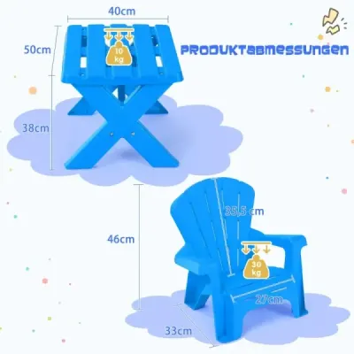 3 TLG. Plastová detská sedacia súprava Detský stôl s 2 stoličkami Adirondack Modrá