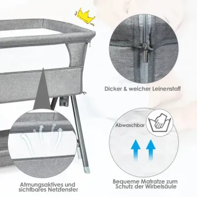 Prenosná detská postieľka s kolieskami Výškovo nastaviteľná postieľka na spoločné spanie sivá