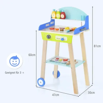 Hračkárska súprava na grilovanie z dreva s rukoväťou a kolieskami a príslušenstvom Detská kuchynka na hranie BBQ