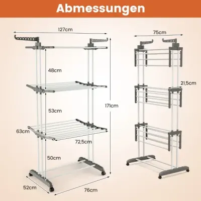 3-poschodový skladací sušiak na bielizeň s koňom 127 x 63 x 171 cm Sivá