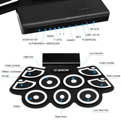 9 padov E-Drum Roll-Up Drum vrátane pedálov a paličiek pre deti a začiatočníkov Black