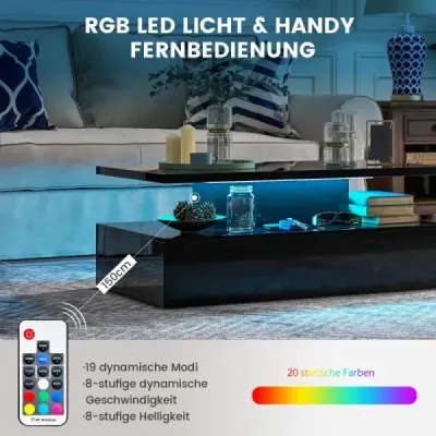 LED konferenčný stolík Moderný 2-poschodový konferenčný stolík s vysokým leskom 110 x 60 x 40 cm Čierna