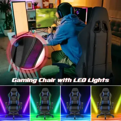 Herná stolička s RGB LED svetlami a výsuvnou podnožkou Ergonomická kancelárska stolička modrá