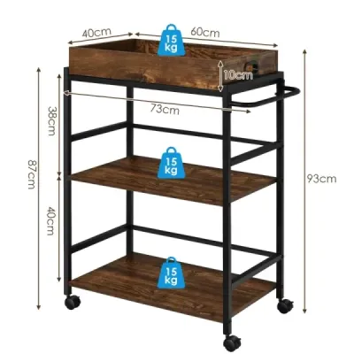3-poschodový servírovací vozík Kuchynský vozík s rukoväťou a odnímateľným podnosom a kovovým rámom hnedý