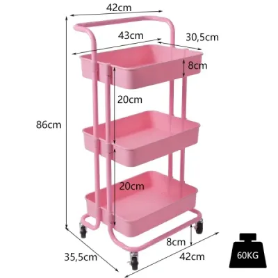 3-policový Viacúčelový vozík s rukoväťou pre jednoduchú montáž Ružový