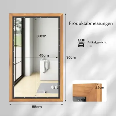 Rustikálne drevené zrkadlo s obdĺžnikovým rámom Dekoratívne závesné zrkadlo 55 x 90 cm Prírodné