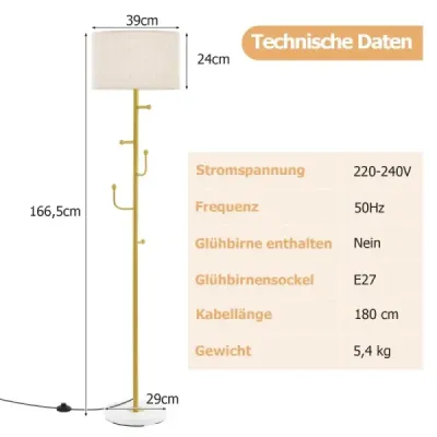 166,5 cm vysoká stojacia lampa stojan na kabáty s 5 háčikmi a nožným spínačom stojaca lampa E27 základňa lampa na čítanie do spálne obývačka