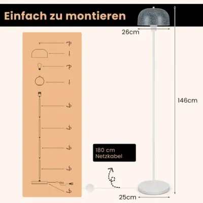 146 cm stojacia lampa s nožným spínačom a päticou žiarovky E27 a tienidlom Stojacia lampa