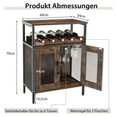 Vintage vinotéka s odnímateľným stojanom na víno a integrovanými držiakmi na sklo Rustic Brown