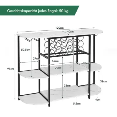 120 cm stojan na víno s držiakom na poháre a policami 3 úrovne Stojan na fľaše 120 x 40 x 91 cm biely