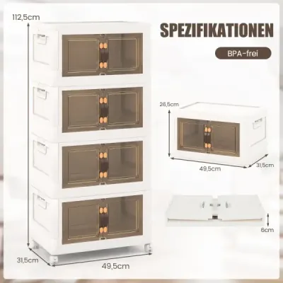 Sada 4 stohovateľných úložných boxov s vekom, kolieskami a dverami 49,5 x 31,5 x 112,5 cm