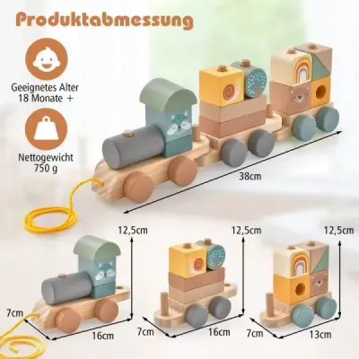 Hračkárska vlaková súprava so stohovateľnými drevenými blokmi s roztomilými zvieracími vzormi