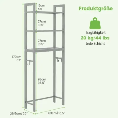 170 cm WC polica s 3 policami a výškovo nastaviteľnou priečkou WC polica sivá