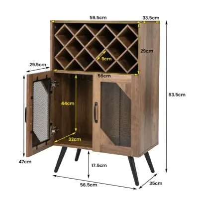 Vintage Wine Cabinet s odnímateľným stojanom na víno Bar Cabinet pre 11 fliaš vína a 9 pohárov na víno Brown