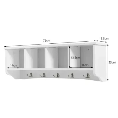 Nástenná vstupná skrinka so 4 úložnými jednotkami a 5 dvojitými háčikmi moderný dekoratívny nábytok 72 x 15 x 23 cm biela