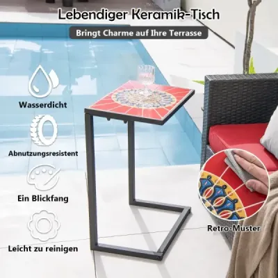 Bočný stolík v tvare písmena C Rozkladací stolík s kovovým rámom Stolík na terasu 46,5 x 32 x 65,5 cm Čierna + červená