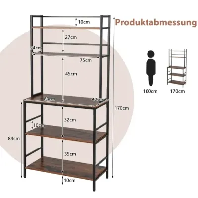 5-úrovňový kuchynský regál s hornými a otvorenými policami Anti-tilt zariadenie voľne stojaci kuchynský úložný regál Rustic Brown