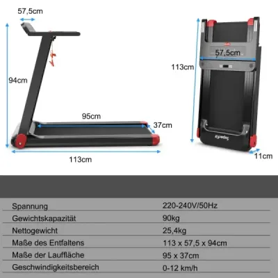 Skladací bežecký pás pre domácnosť s ovládaním aplikácie Bluetooth reproduktor červený