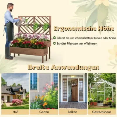 2-vrstvový záhradný záhon s dreveným trellisovým kvetináčom s nohami Drenážny otvor Nádoba na rastliny hnedá