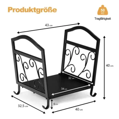 Kompaktný kovový držiak na palivové drevo s vyvýšenými nohami a elegantnými vzormi dekoratívny drevený stojan čierny