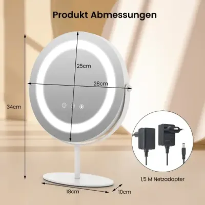 Kozmetické zrkadlo s priemerom 25 cm a osvetlením 3-farebné stmievateľné zrkadlo LED biele