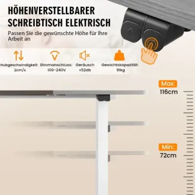 140 x 70 cm Elektrický výškovo nastaviteľný stôl s mechanizmom Stop a háčikom sivý