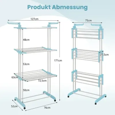 3-poschodový skladací sušiak na bielizeň s koňom 127 x 63 x 171 cm Modrá