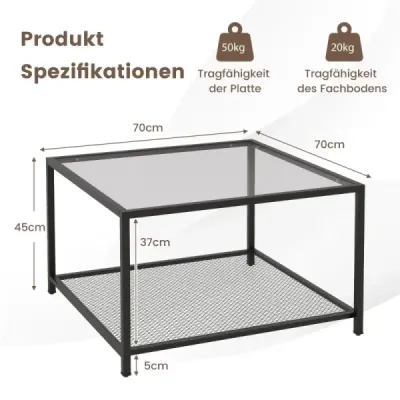 2-úrovňový sklenený stolík s úložným priestorom a sieťovanou policou Moderný štvorcový konferenčný stolík 70 x 70 x 45 cm Transparentný