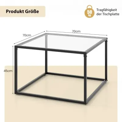 Štvorcový sklenený stolík s kovovým rámom Moderný konferenčný stolík 70 x 70 x 45 cm Transparentný