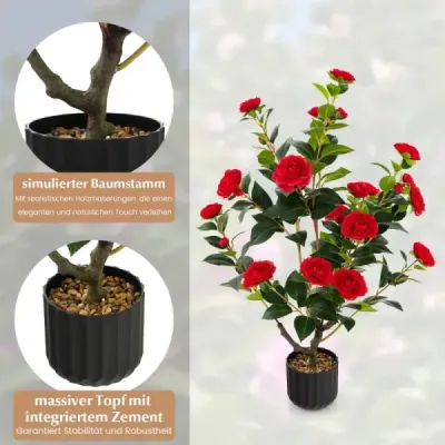 Umelý stromček Camellia 95 cm Umelá kvetinová rastlina Umelý stromček v cementovom kvetináči Red