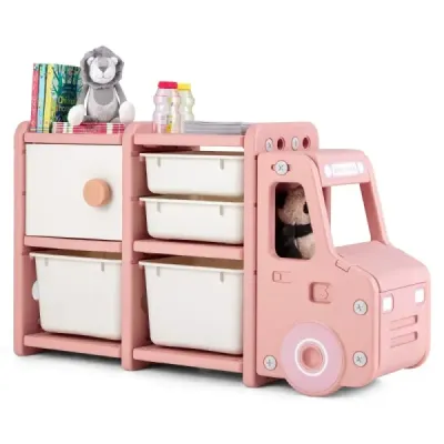 Regál na hračky 2 úrovne Detský regál so zásuvkami a úložnými boxmi 110 x 32 x 66 cm Ružová