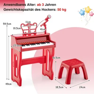 37-klávesová detská klávesnica so stoličkou a nastaviteľným mikrofónom a hudobným stojanom červená