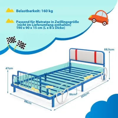 Detský rám postele v tvare auta s čalúneným čelom Rám postele 202 x 98 x 68,5 cm Modrá