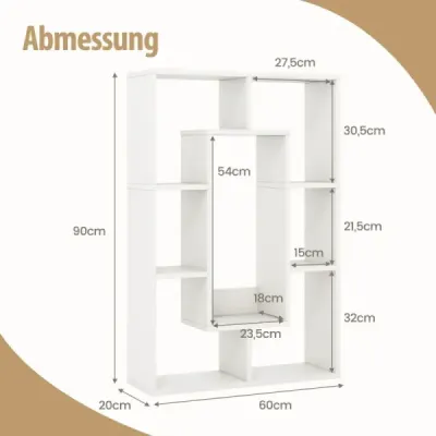 Knižnica so 7 priehradkami Stojaca knižnica Rozdeľovač izieb Regál Kocka s ochranou proti prevráteniu 60 x 20 x 90 cm Biela