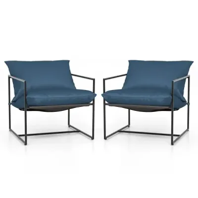 Set 2 Sling Accent Chair s vankúšmi na sedenie a operadlo a kovovým rámom Ergonomické kreslo do obývačky Navy