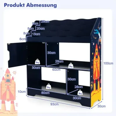 Regál na hračky 3 v 1 s úložnými priehradkami a dvierkami 3-poschodový detský regál 93 x 30 x 100 cm modrý