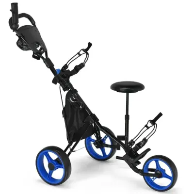 Golfový vozík na 3 kolieskach s držiakom na dáždnik a sedadlom Skladací golfový vozík Golf Caddy Blue