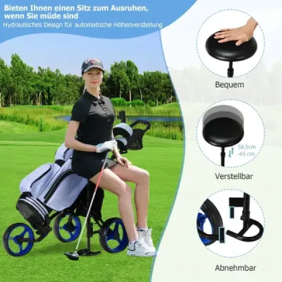 Golfový vozík na 3 kolieskach s držiakom na dáždnik a sedadlom Skladací golfový vozík Golf Caddy Blue