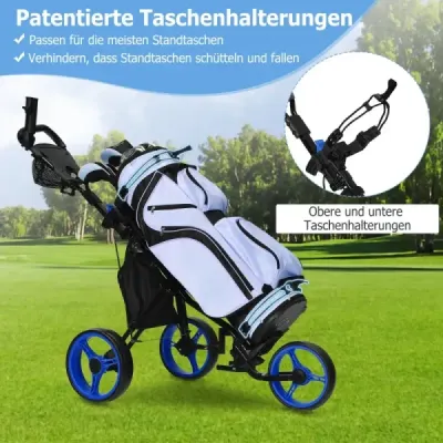 Golfový vozík na 3 kolieskach s držiakom na dáždnik a sedadlom Skladací golfový vozík Golf Caddy Blue