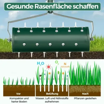 Prevzdušňovač trávnika valec manuálny 53 x 130 cm valec na trávnik s rukoväťou a klincami zelenej farby