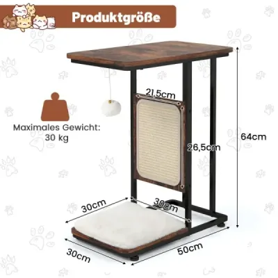 Stolík so sisalovou škrabacou doskou 4 v 1 nábytok pre mačky Škrabadlo pre mačky s odnímateľným vankúšom a loptičkou 50 x 30 x 64 cm Rustikálna hnedá